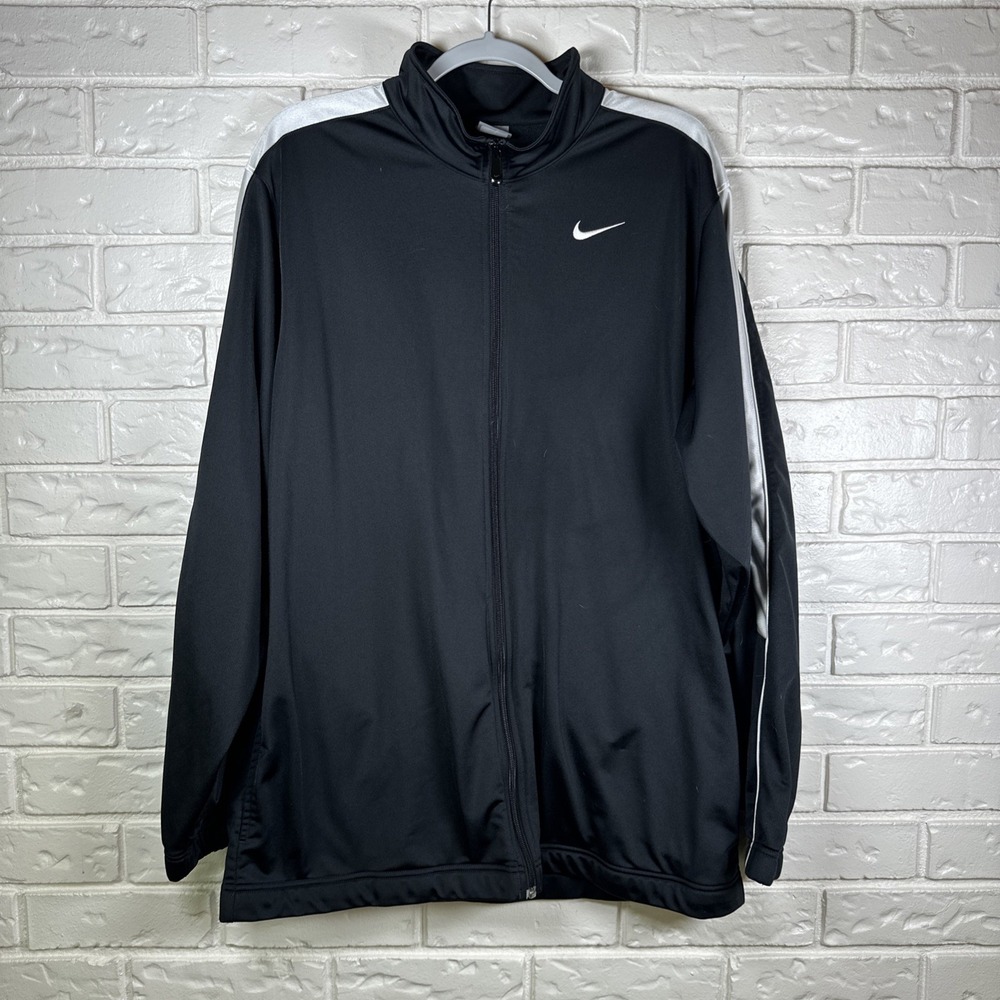 Nike Track Jacket Mens XL Black Full Zip Swoosh Stripe Athletic Warm Up